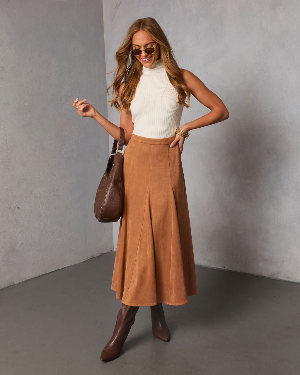 Maicie Pleated Faux Suede Maxi Skirt-Vogue Logic