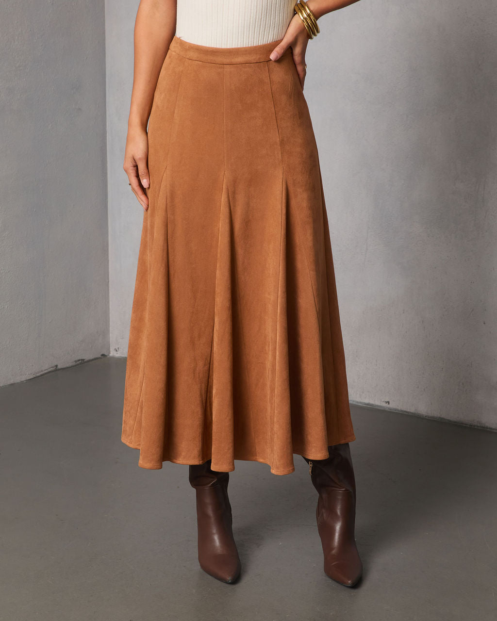 Maicie Pleated Faux Suede Maxi Skirt-Vogue Logic