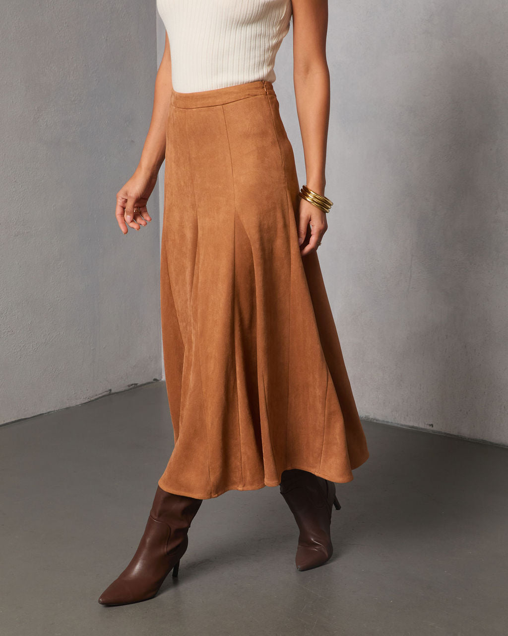Maicie Pleated Faux Suede Maxi Skirt-Vogue Logic