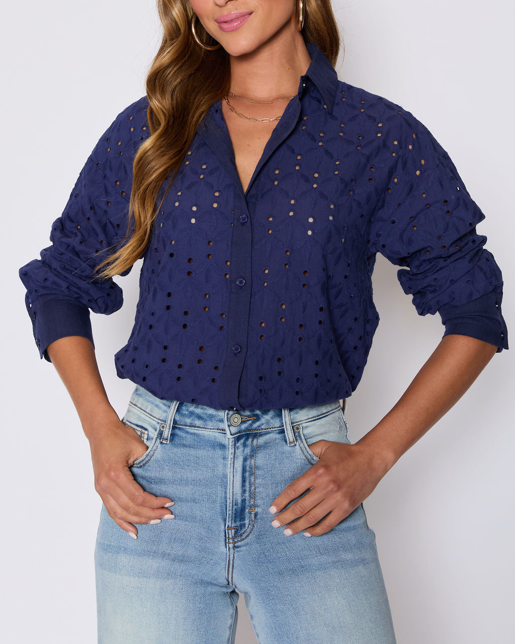 Garden Stroll Eyelet Floral Button Down Top-Vogue Logic