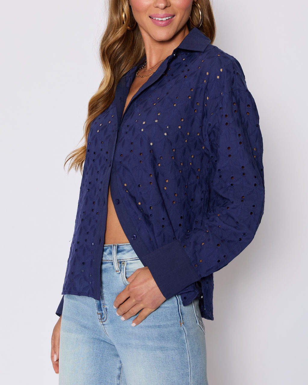 Garden Stroll Eyelet Floral Button Down Top-Vogue Logic