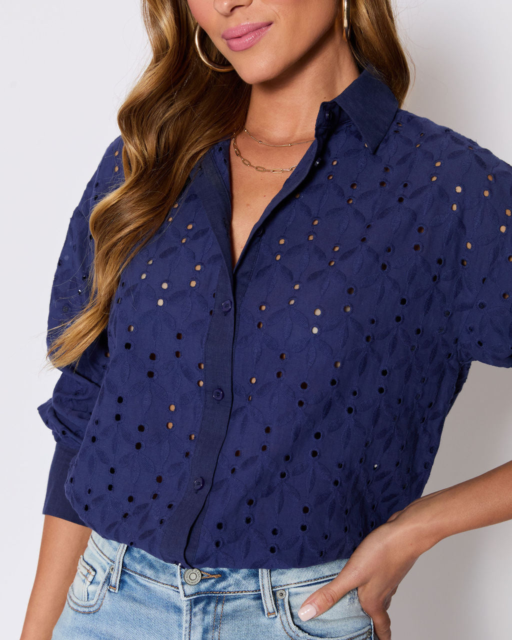 Garden Stroll Eyelet Floral Button Down Top-Vogue Logic