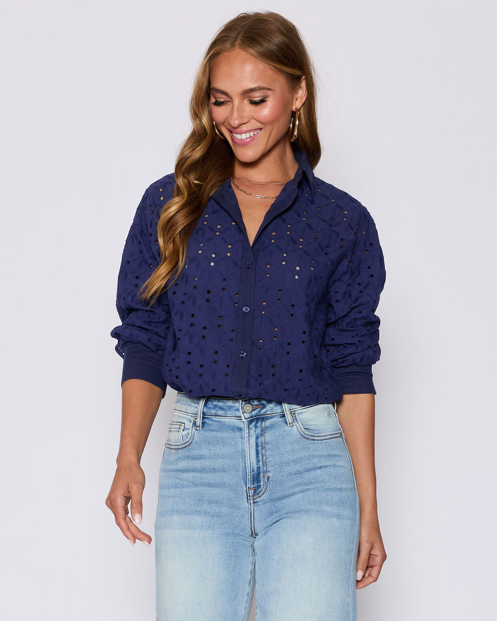 Garden Stroll Eyelet Floral Button Down Top-Vogue Logic
