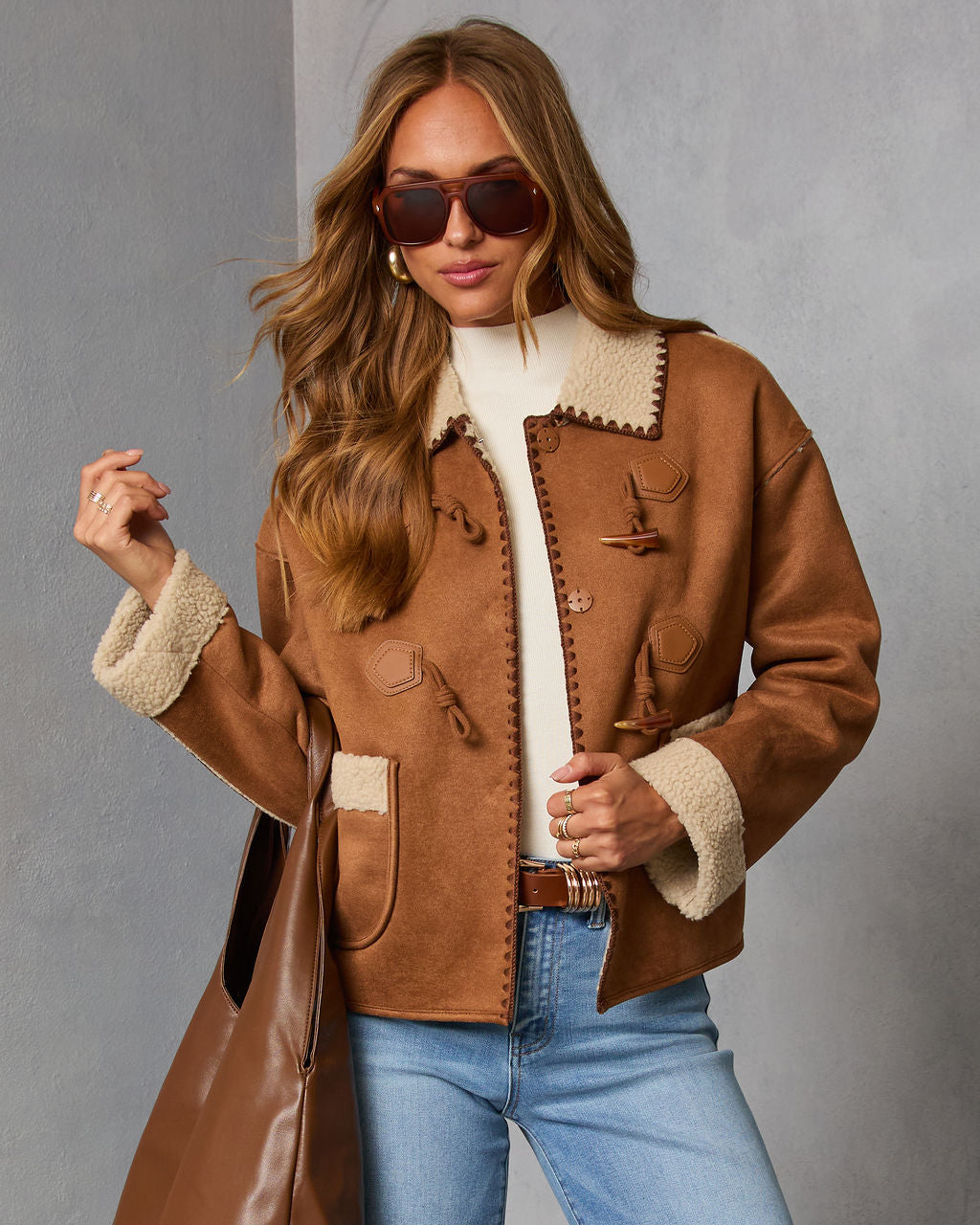 Cinnamon Ridge Suede Sherpa Trim Jacket-Vogue Logic