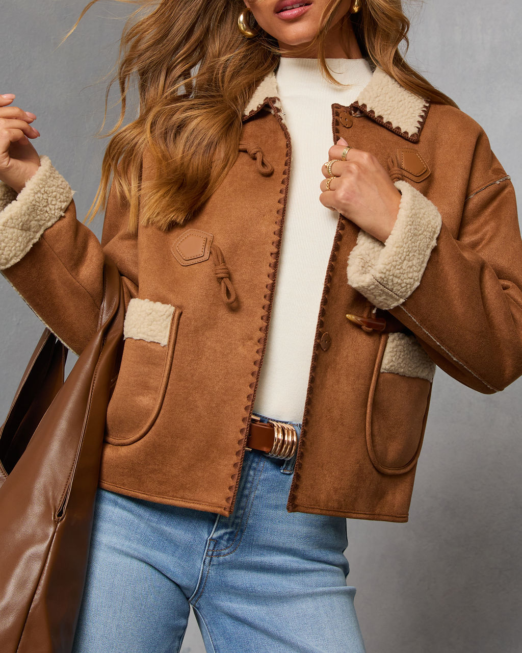 Cinnamon Ridge Suede Sherpa Trim Jacket-Vogue Logic