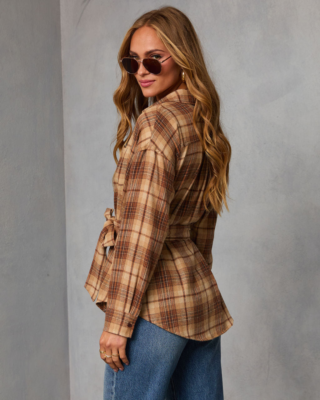 Sable Marie Plaid Waist Tie Shirt Jacket-Vogue Logic