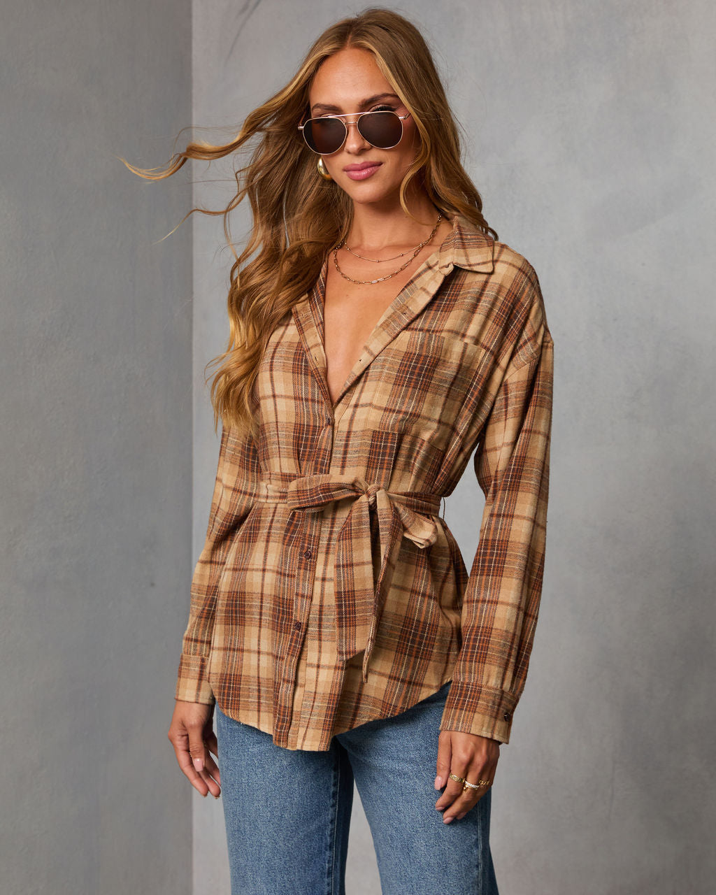 Sable Marie Plaid Waist Tie Shirt Jacket-Vogue Logic