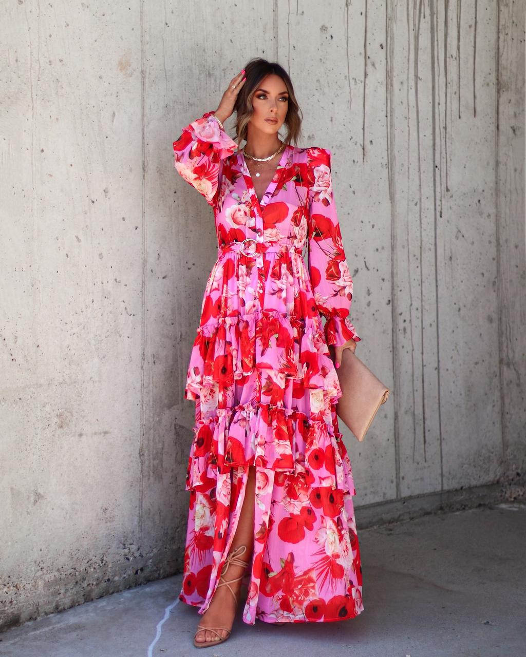 Mon Cheri Floral Chiffon Tiered Belted Maxi Dress-Vogue Logic