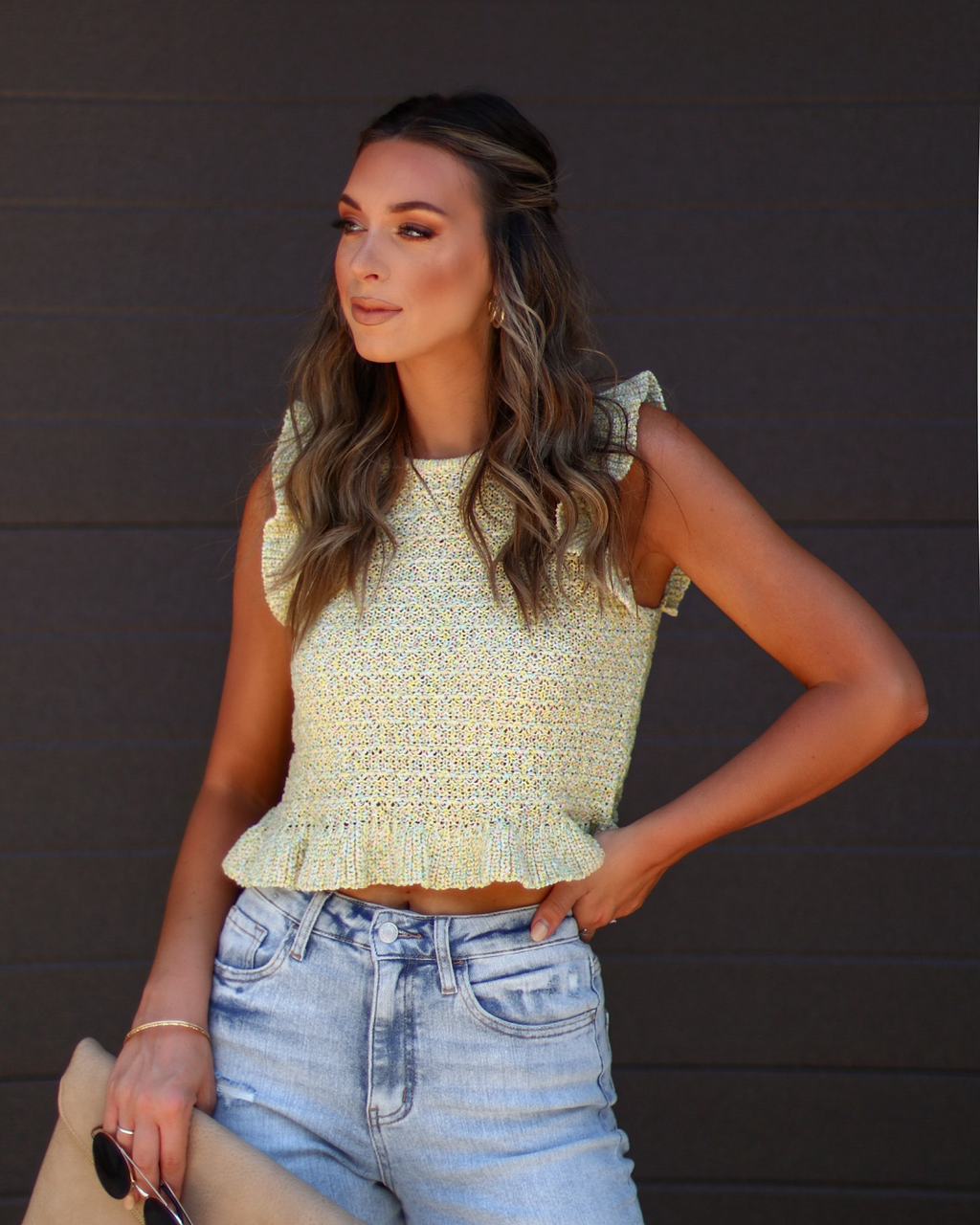 Ivelisse Smocked Sweater Knit Ruffle Hem Top-Vogue Logic