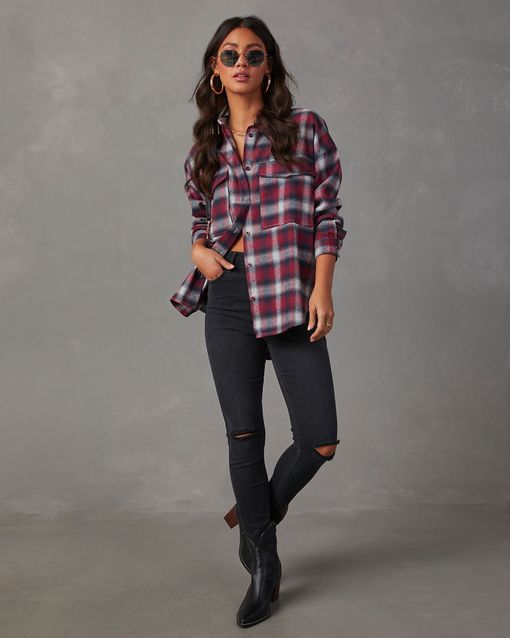 Petaluma Cotton Blend Plaid Button Down Top-Vogue Logic