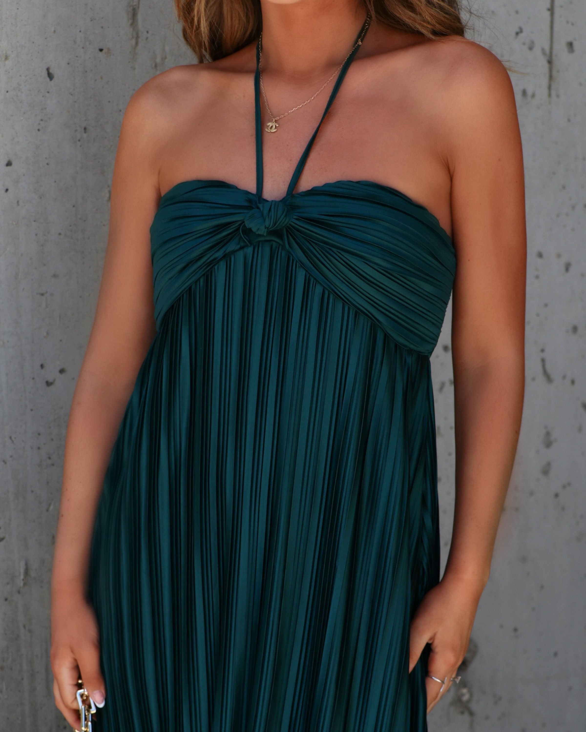 Raise A Toast Satin Plisse Halter Maxi Dress-Vogue Logic