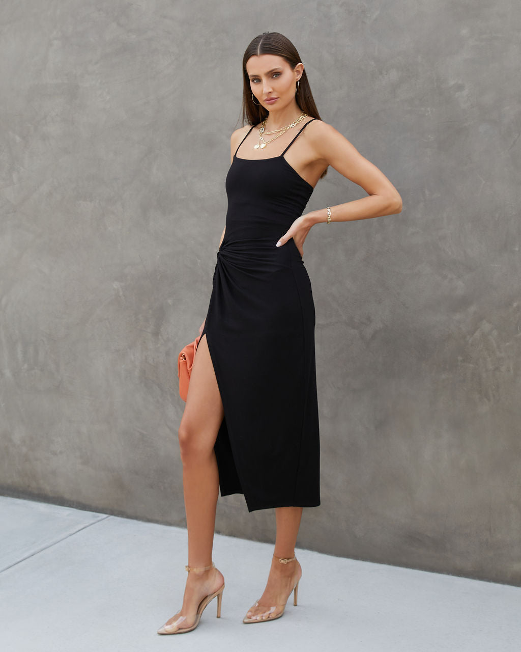 Adelina Twisted Front Slit Midi Dress-Vogue Logic