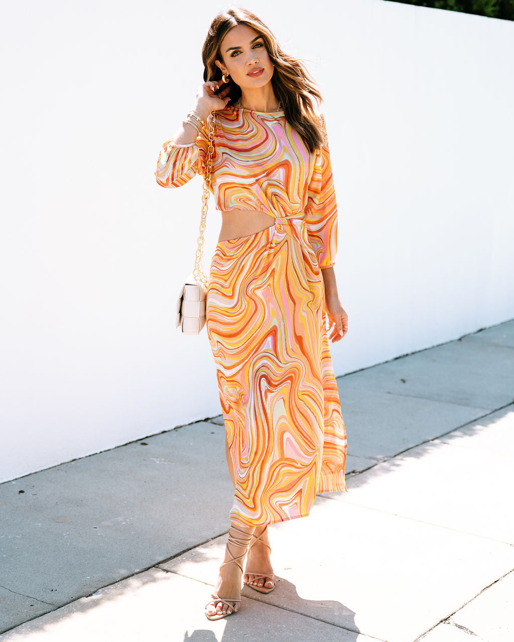 Annika Satin Marble Side Cutout Midi Dress-Vogue Logic