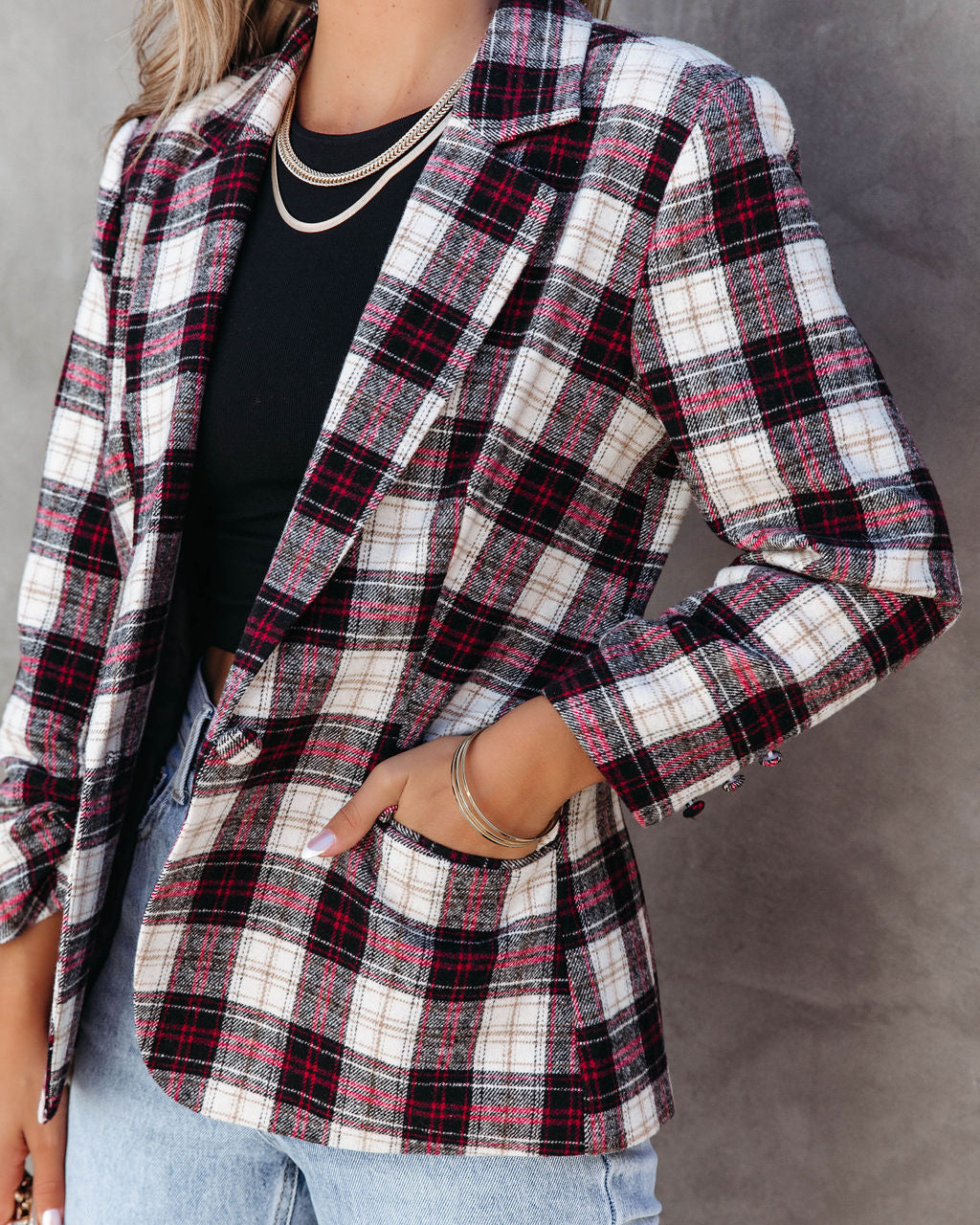 Big Apple Dreams Pocketed Plaid Blazer-Vogue Logic