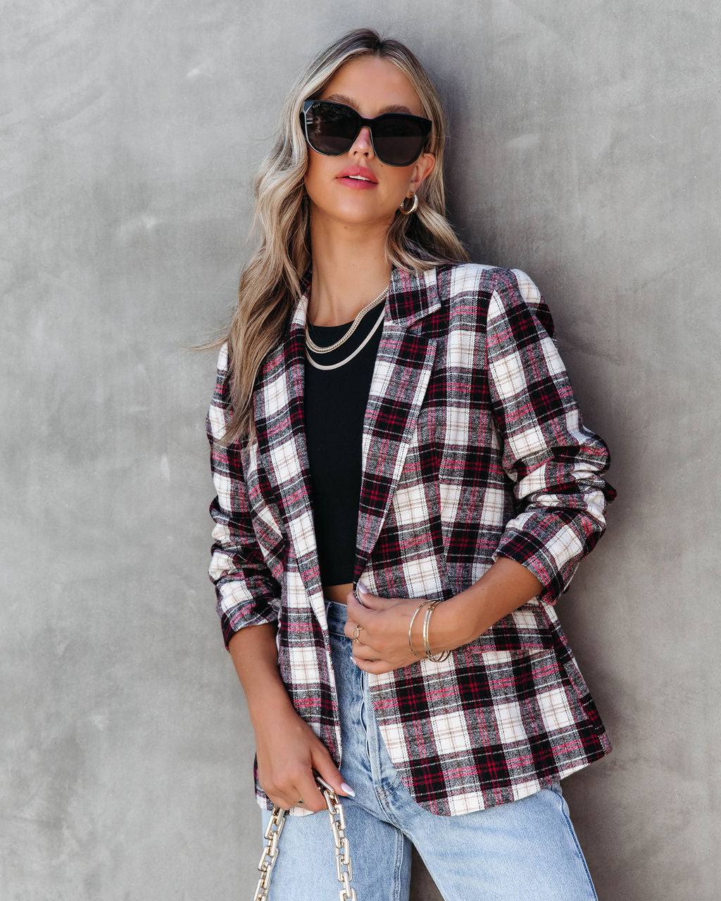 Big Apple Dreams Pocketed Plaid Blazer-Vogue Logic