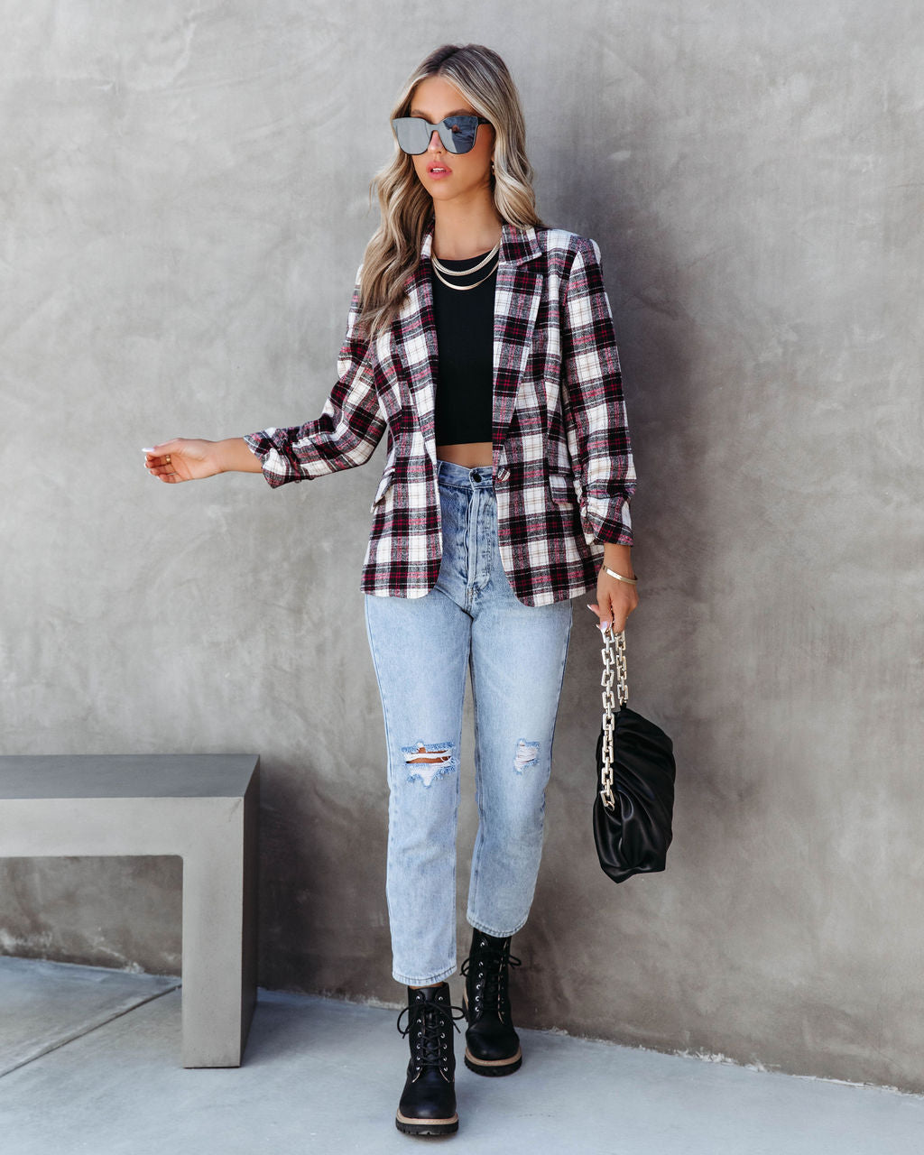 Big Apple Dreams Pocketed Plaid Blazer-Vogue Logic