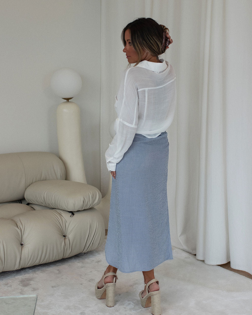 Amelie Gingham Side Tie Midi Skirt-Vogue Logic