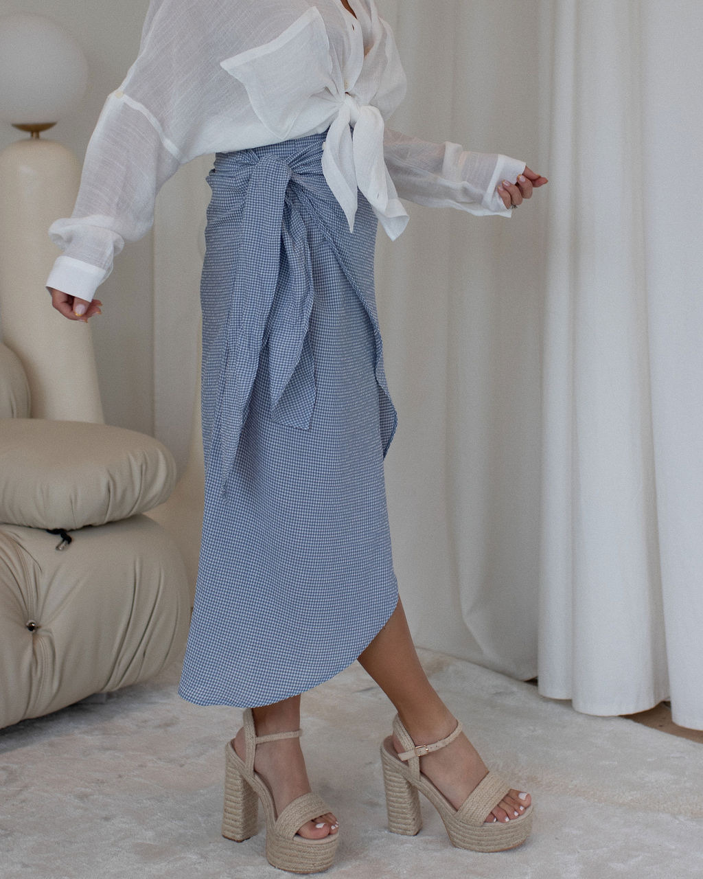 Amelie Gingham Side Tie Midi Skirt-Vogue Logic