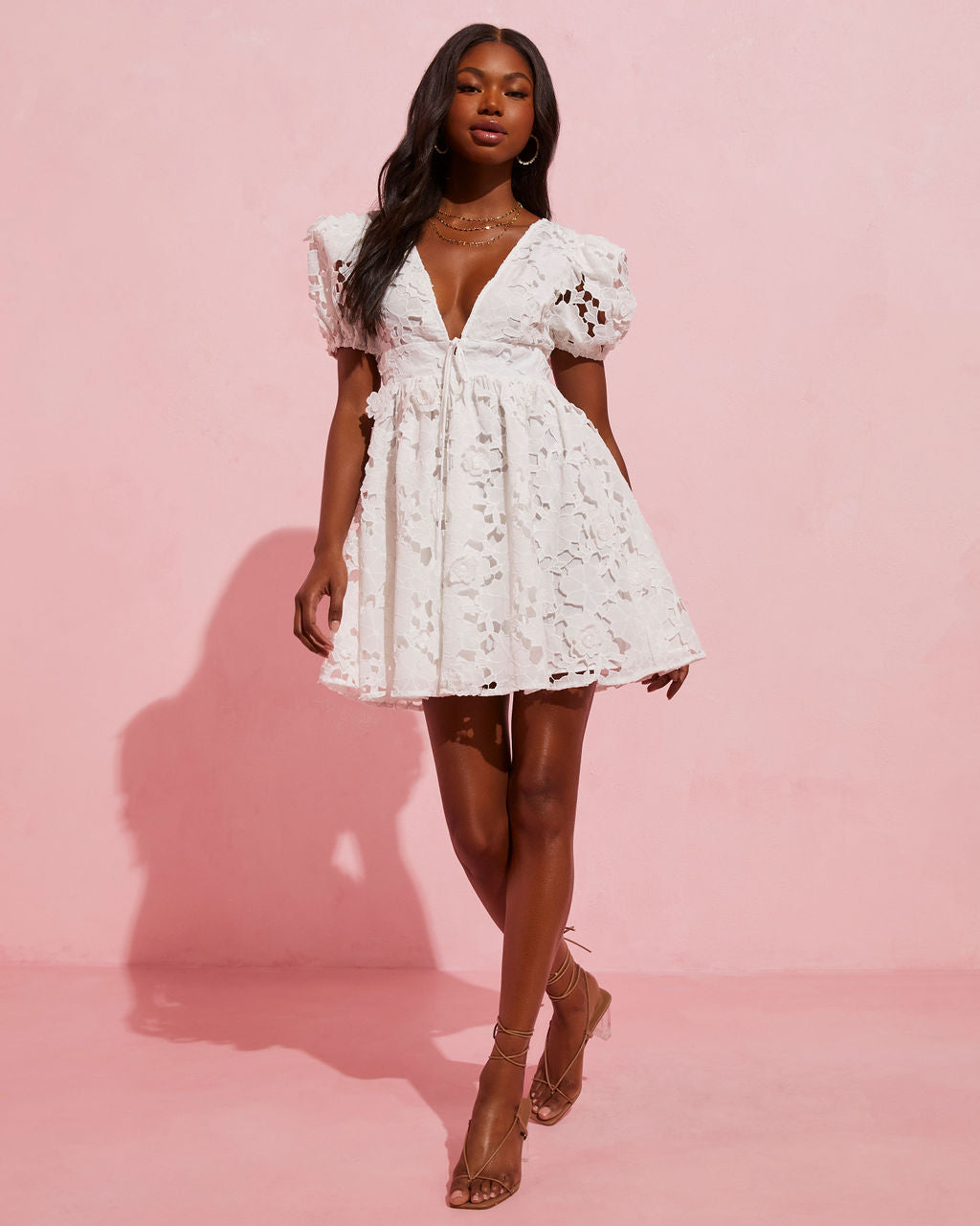Soft Whisper Lace Puff Sleeve Mini Dress-Vogue Logic