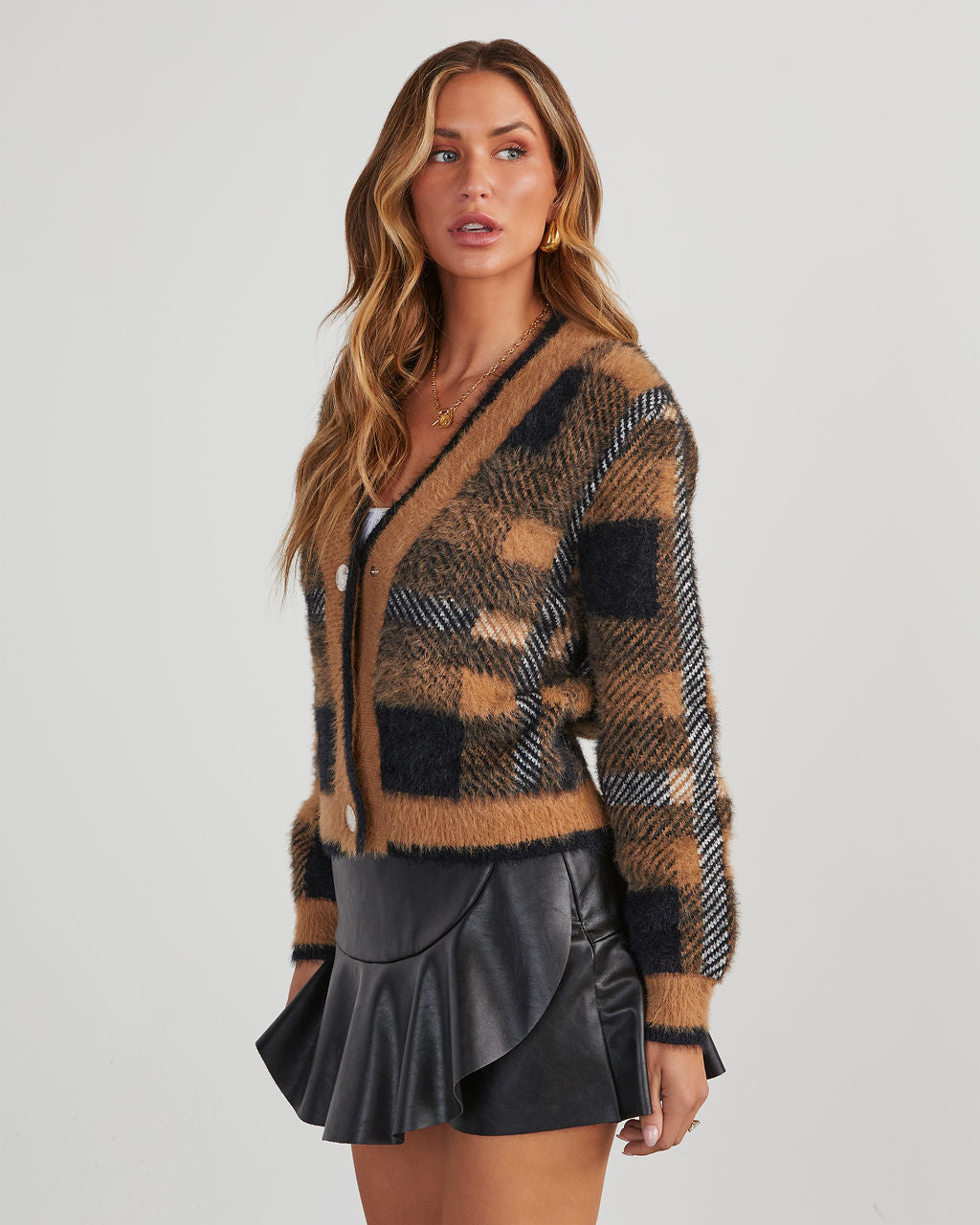 Taylor Plaid Fuzzy Knit Cardigan-Vogue Logic