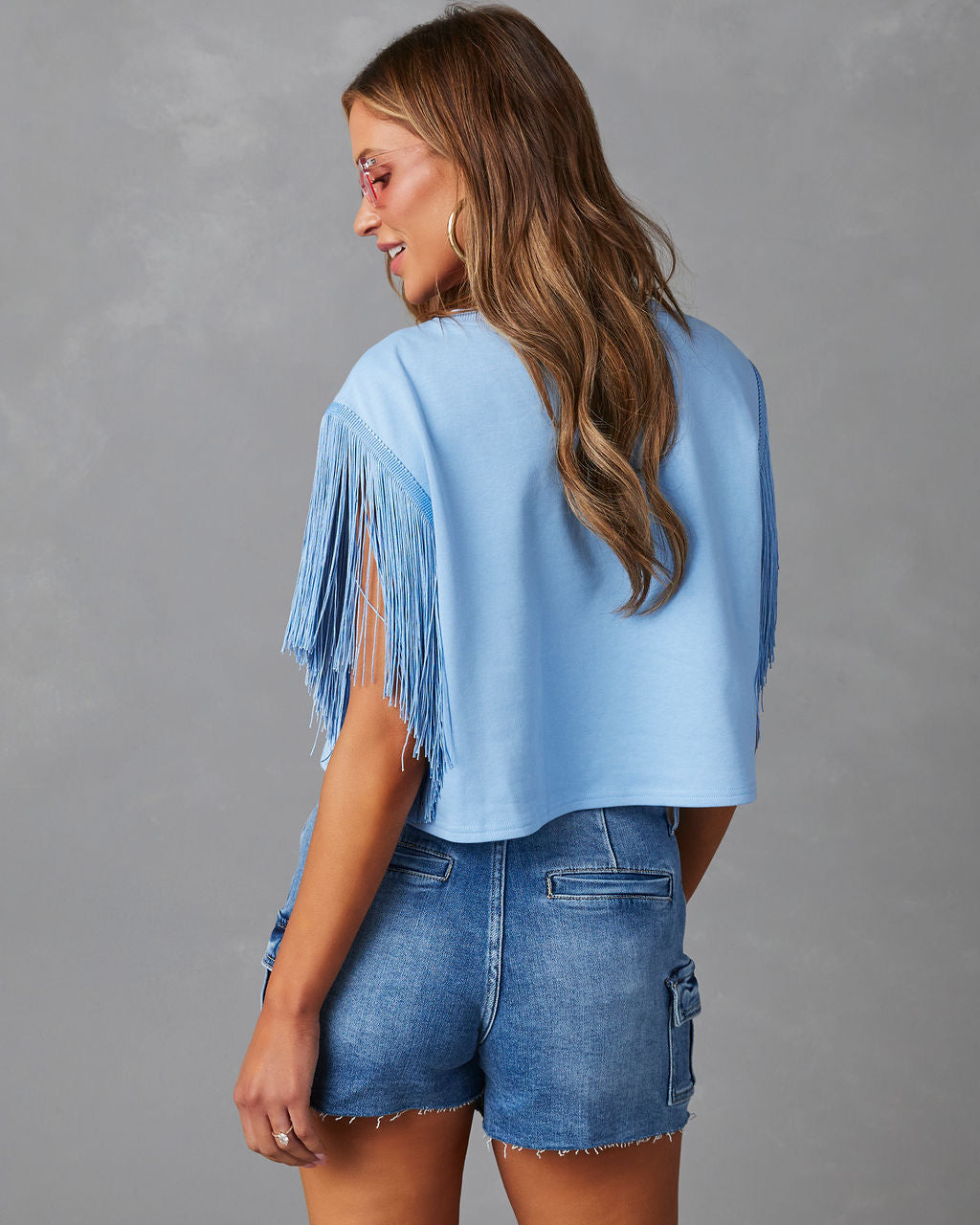 Cowgirl Short Sleeve Fringe Crop Top-Vogue Logic