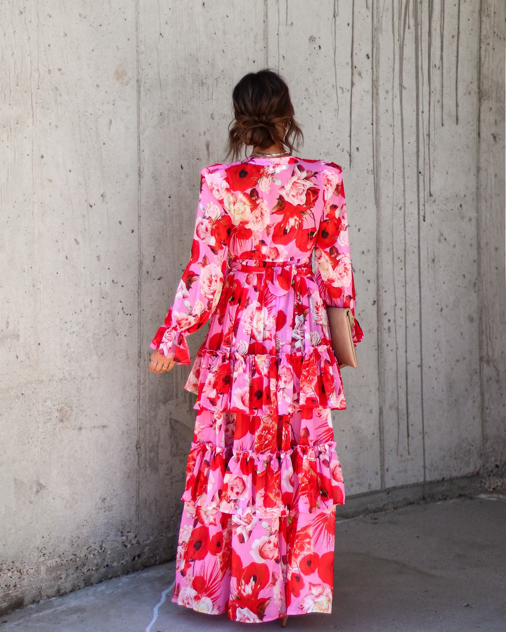 Mon Cheri Floral Chiffon Tiered Belted Maxi Dress-Vogue Logic