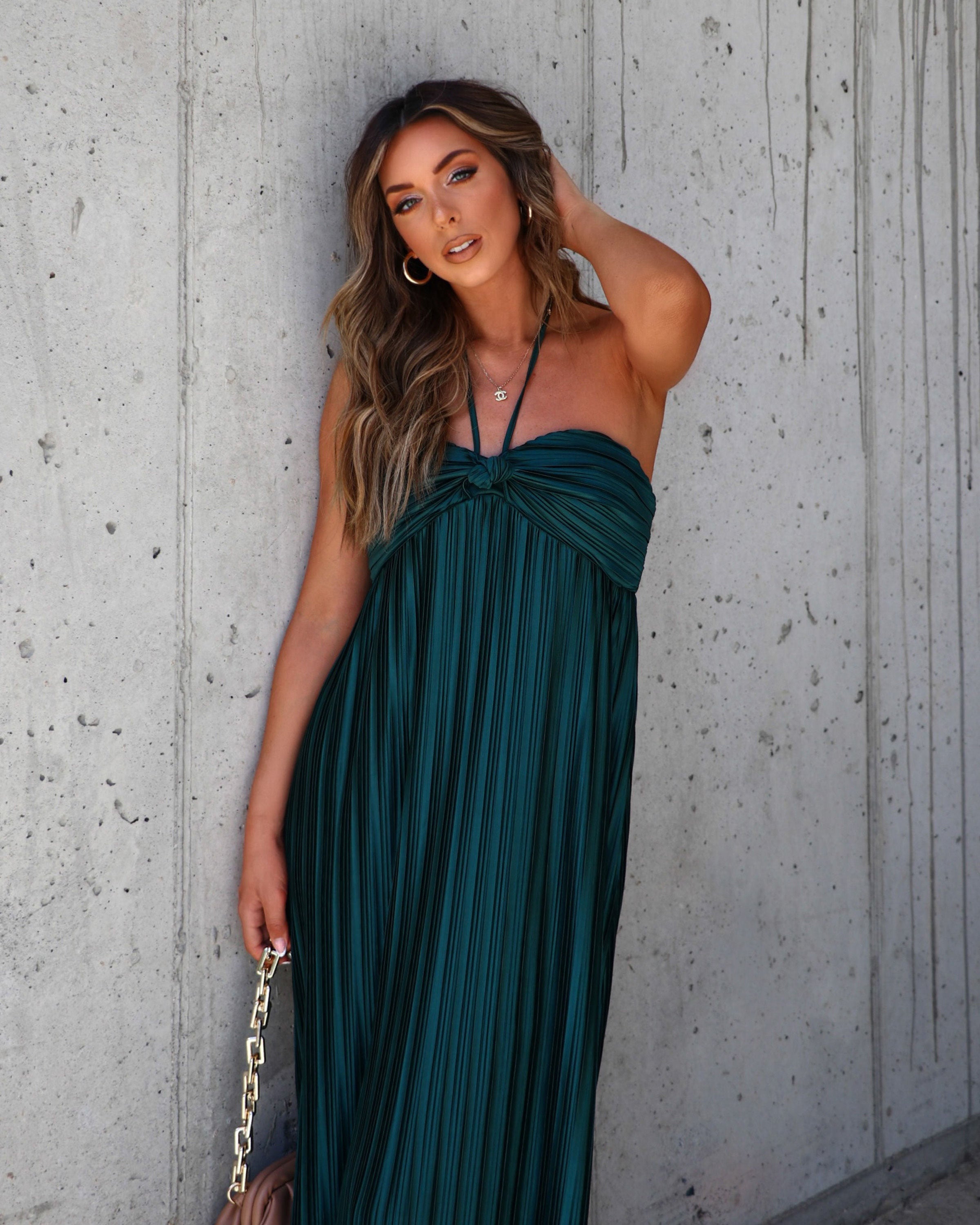 Raise A Toast Satin Plisse Halter Maxi Dress-Vogue Logic