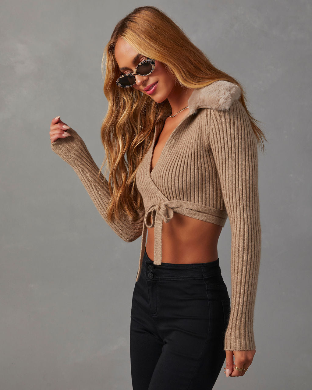Rich Girl Faux Fur Trim Cropped Sweater-Vogue Logic