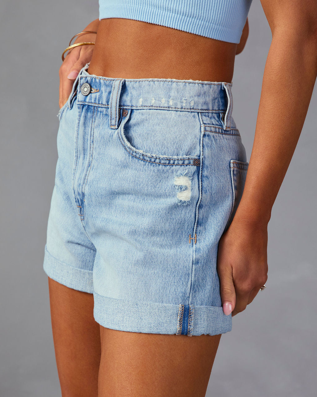 Danni Cuffed Distressed High Rise Denim Shorts-Vogue Logic