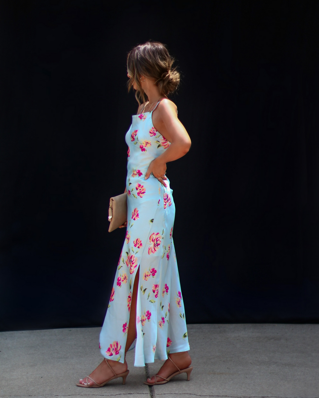 Monae Floral Asymmetrical Neck Midi Dress-Vogue Logic