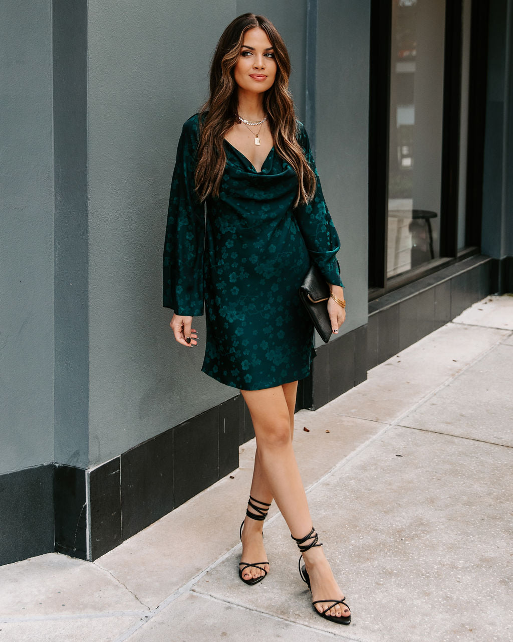 Samar Satin Embossed Cowl Neck Dress-Vogue Logic