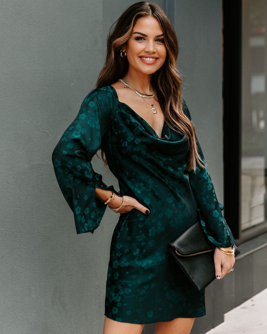 Samar Satin Embossed Cowl Neck Dress-Vogue Logic