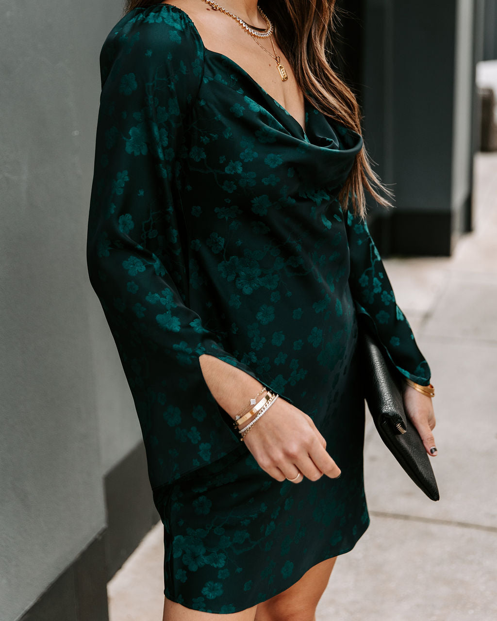 Samar Satin Embossed Cowl Neck Dress-Vogue Logic