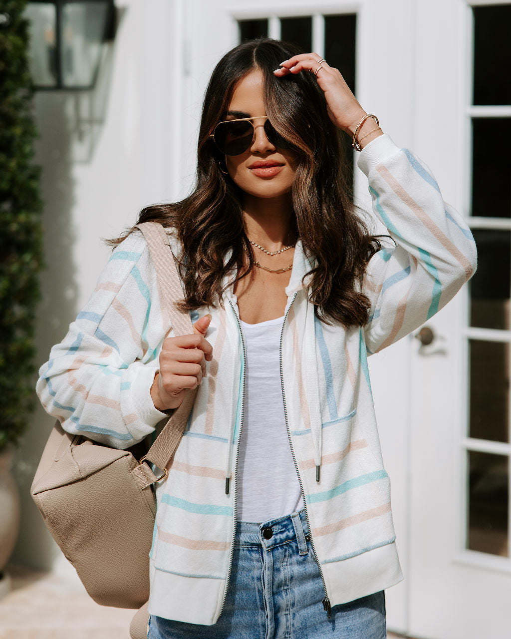 Clevelander Terry Striped Zip Up Sweatshirt-Vogue Logic