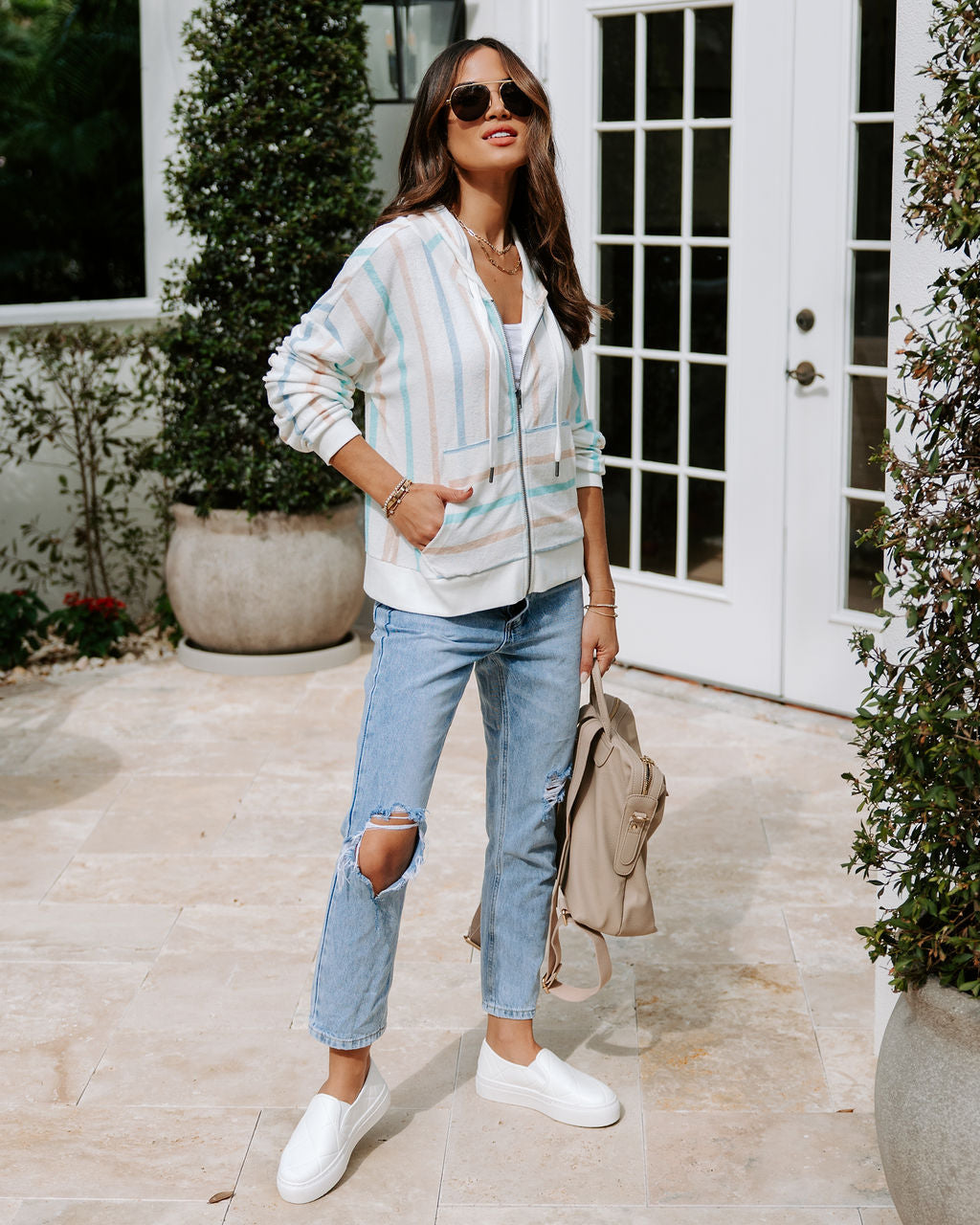 Clevelander Terry Striped Zip Up Sweatshirt-Vogue Logic