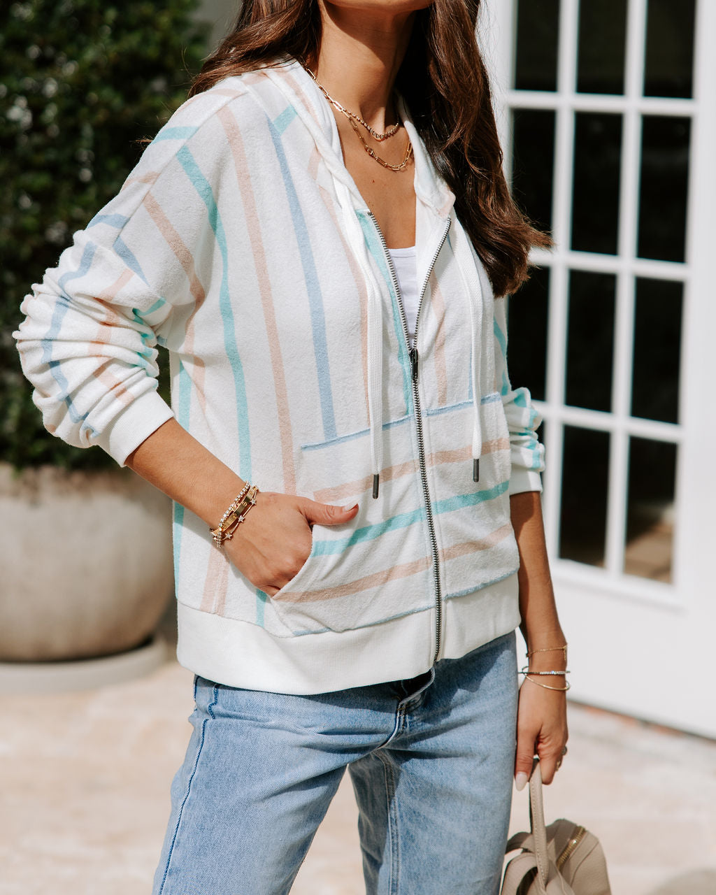 Clevelander Terry Striped Zip Up Sweatshirt-Vogue Logic