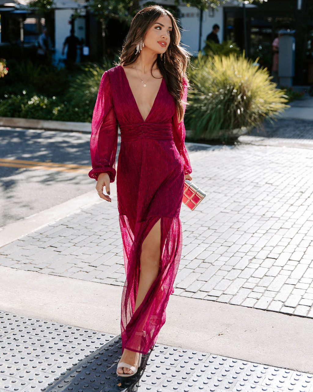 Loretta Plisse Metallic Balloon Sleeve Maxi Dress-Vogue Logic