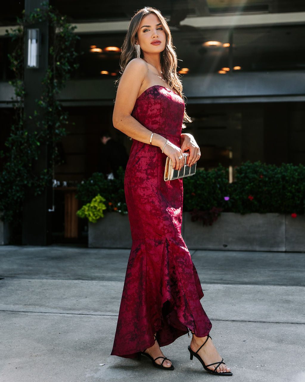 Elliana Strapless Embossed Ruffle Maxi Dress-Vogue Logic