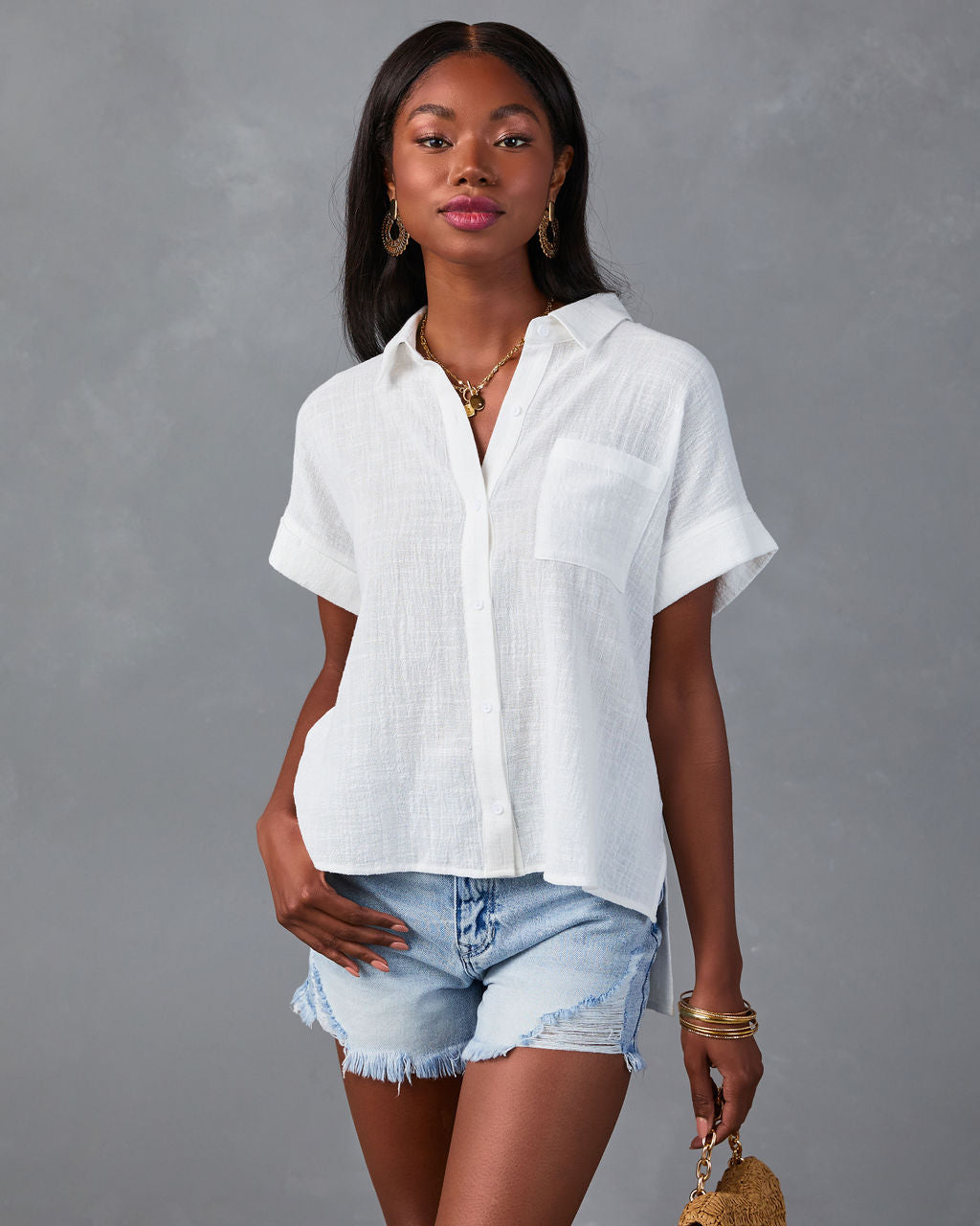 Krissy Cotton Woven Button Down Top-Vogue Logic