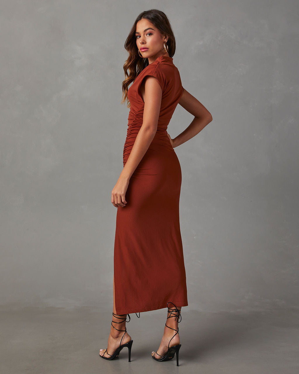 Elisabeth Mock Neck Side Slit Ruched Midi Dress-Vogue Logic