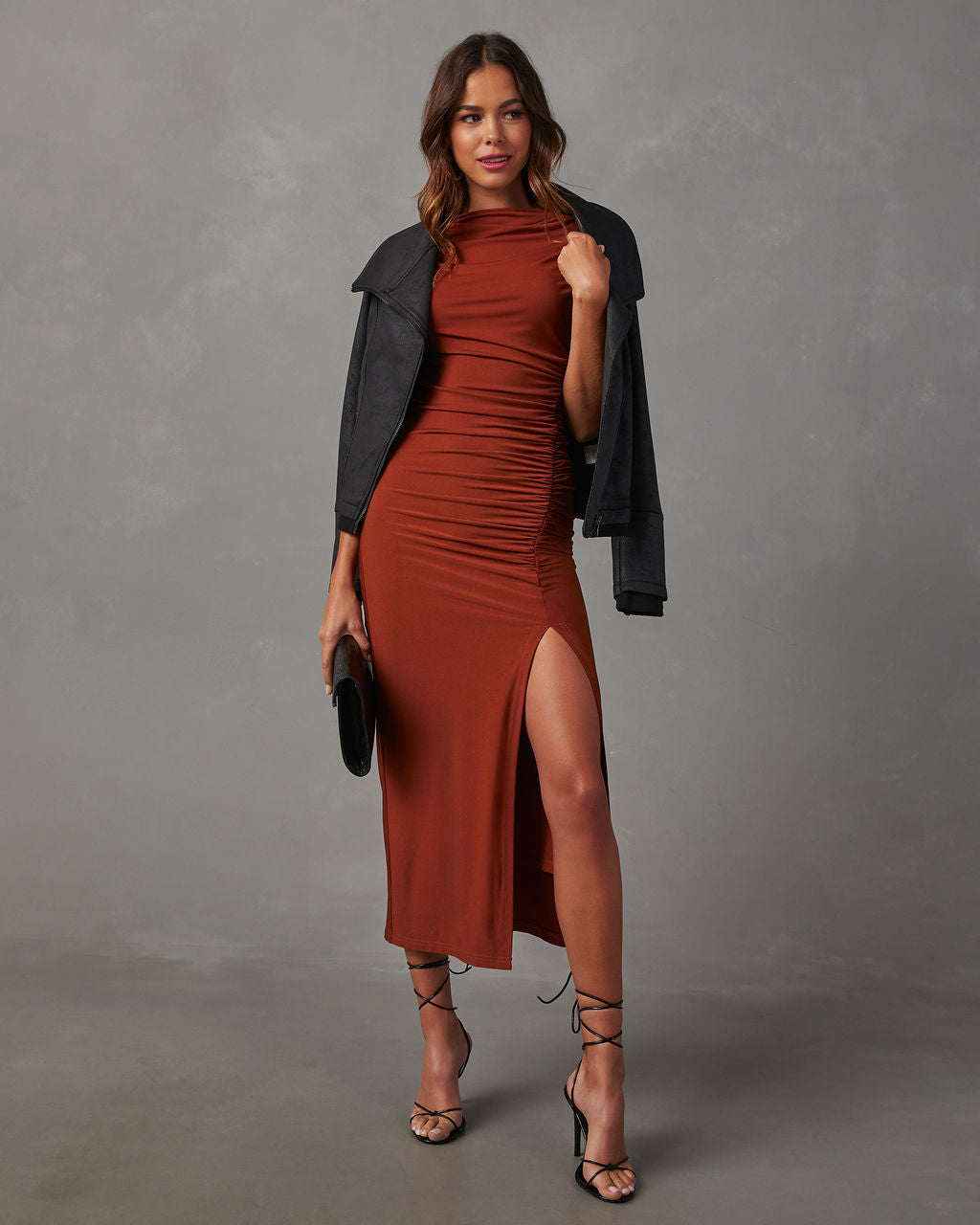 Elisabeth Mock Neck Side Slit Ruched Midi Dress-Vogue Logic