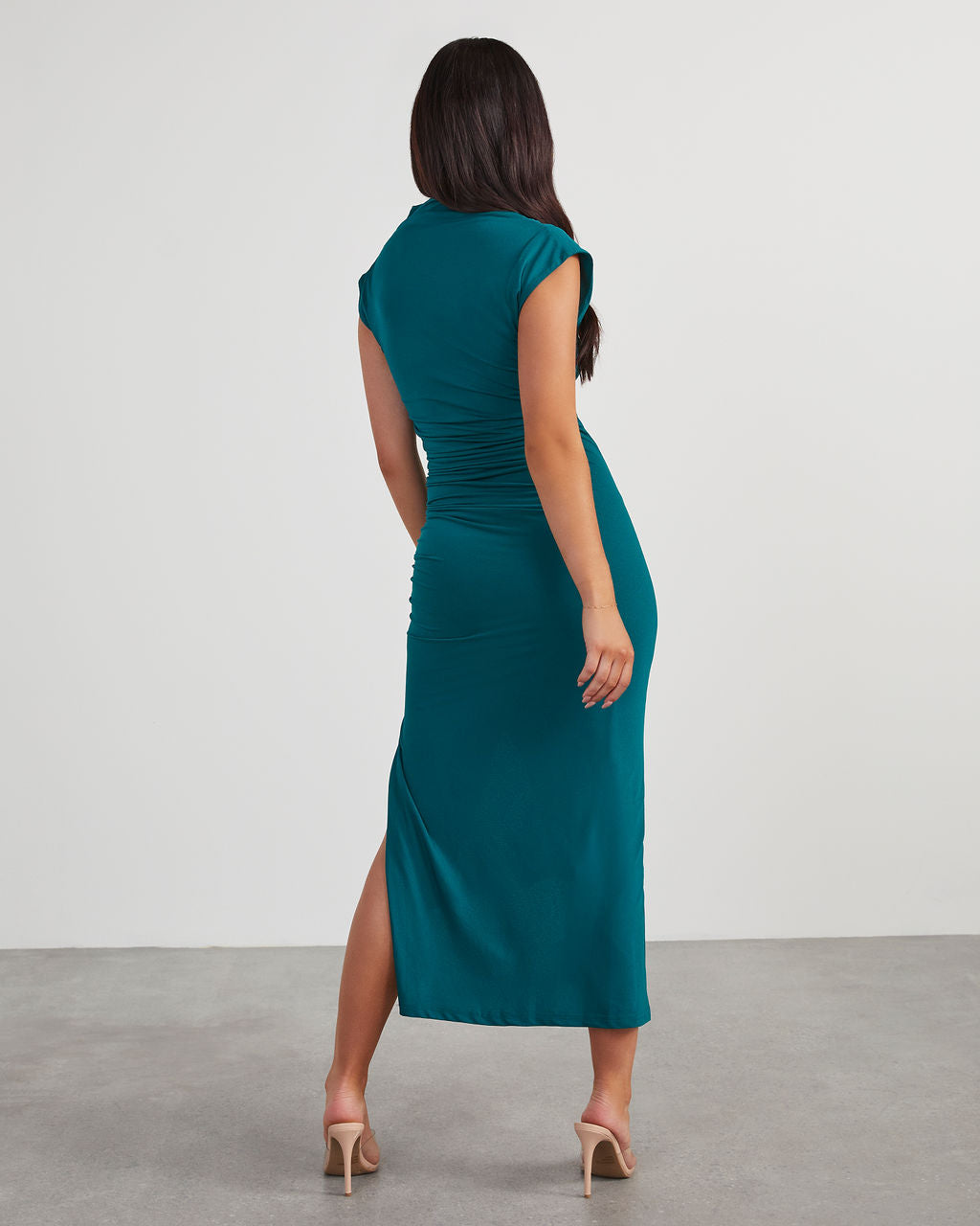 Elisabeth Mock Neck Side Slit Ruched Midi Dress-Vogue Logic