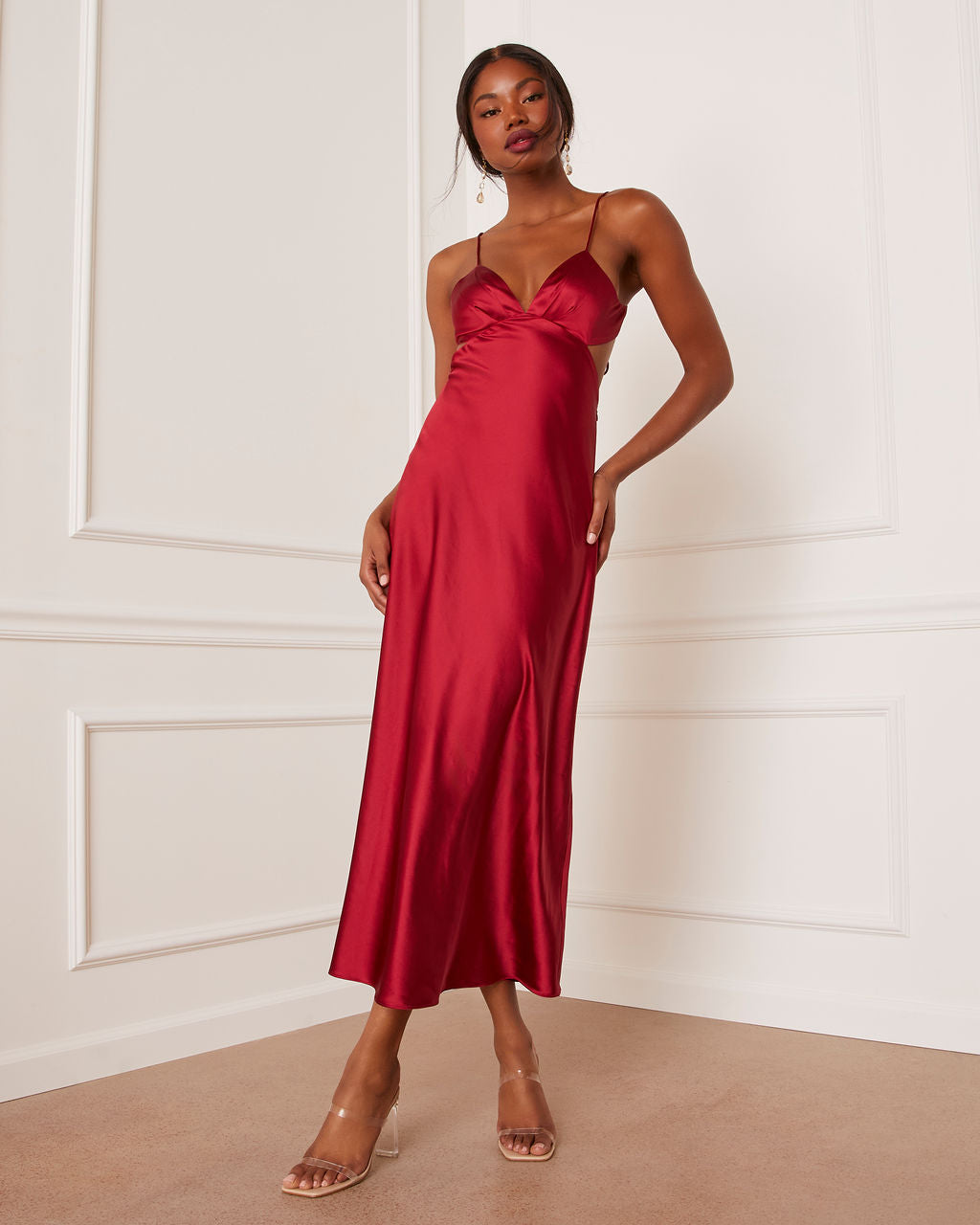 Renelle Satin Cutout Midi Dress-Vogue Logic
