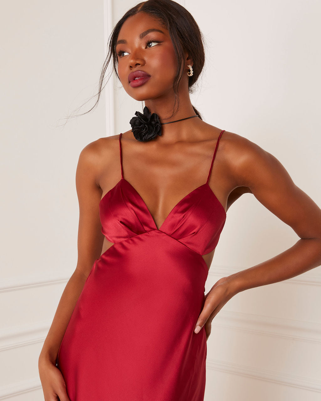 Renelle Satin Cutout Midi Dress-Vogue Logic