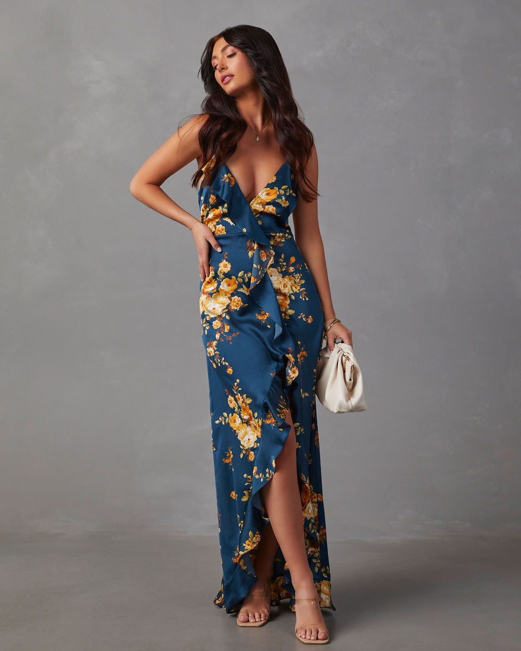 Capriccio Satin Floral Ruffle Maxi Dress-Vogue Logic