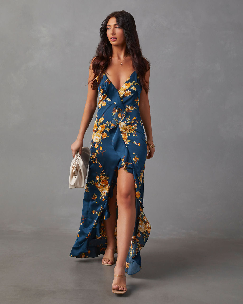 Capriccio Satin Floral Ruffle Maxi Dress-Vogue Logic