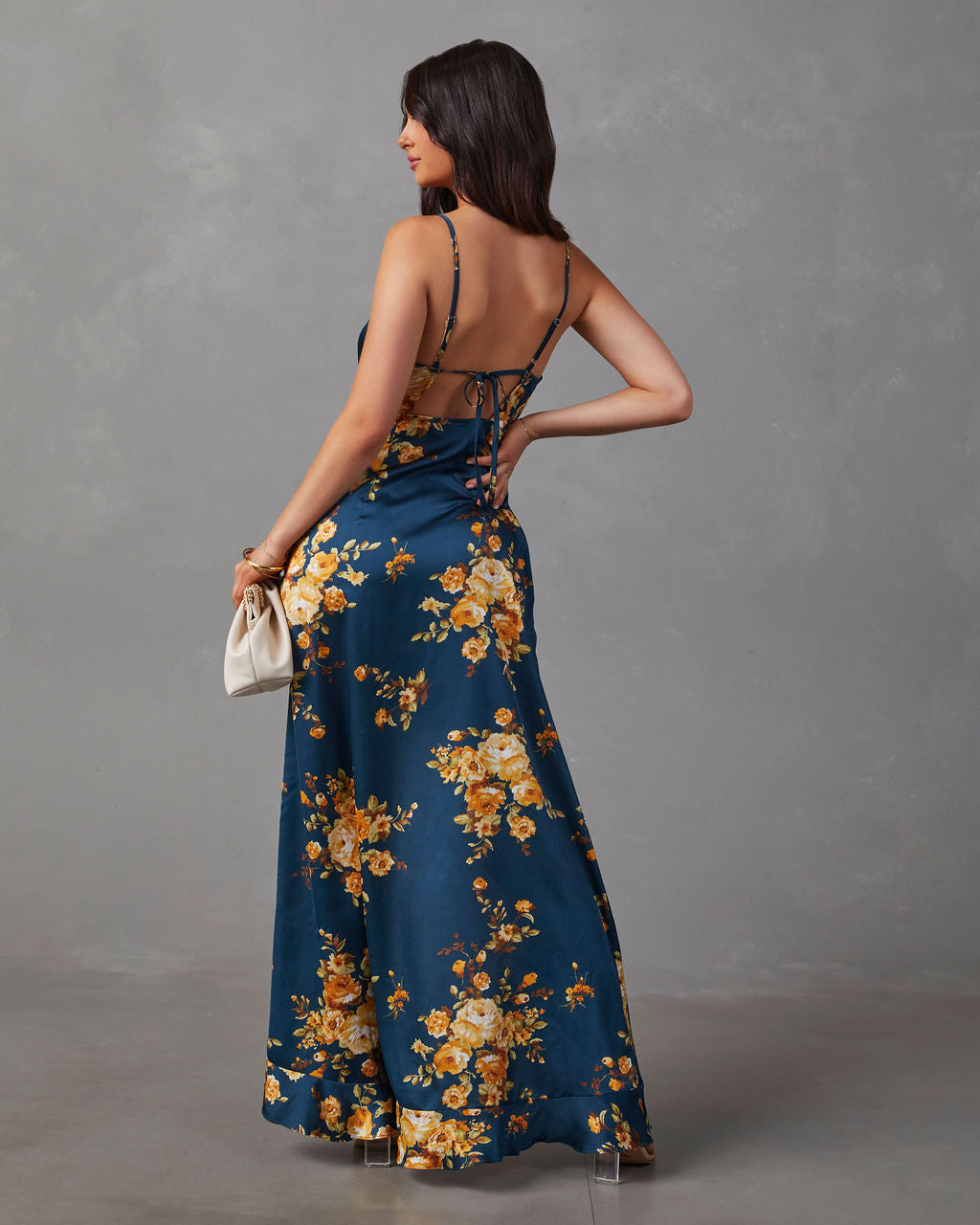 Capriccio Satin Floral Ruffle Maxi Dress-Vogue Logic