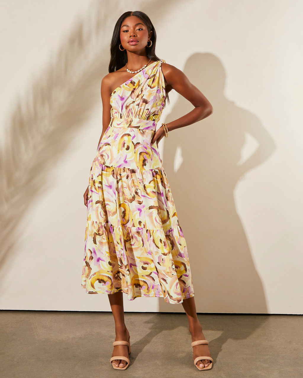 Isidore One Shoulder Tiered Midi Dress-Vogue Logic