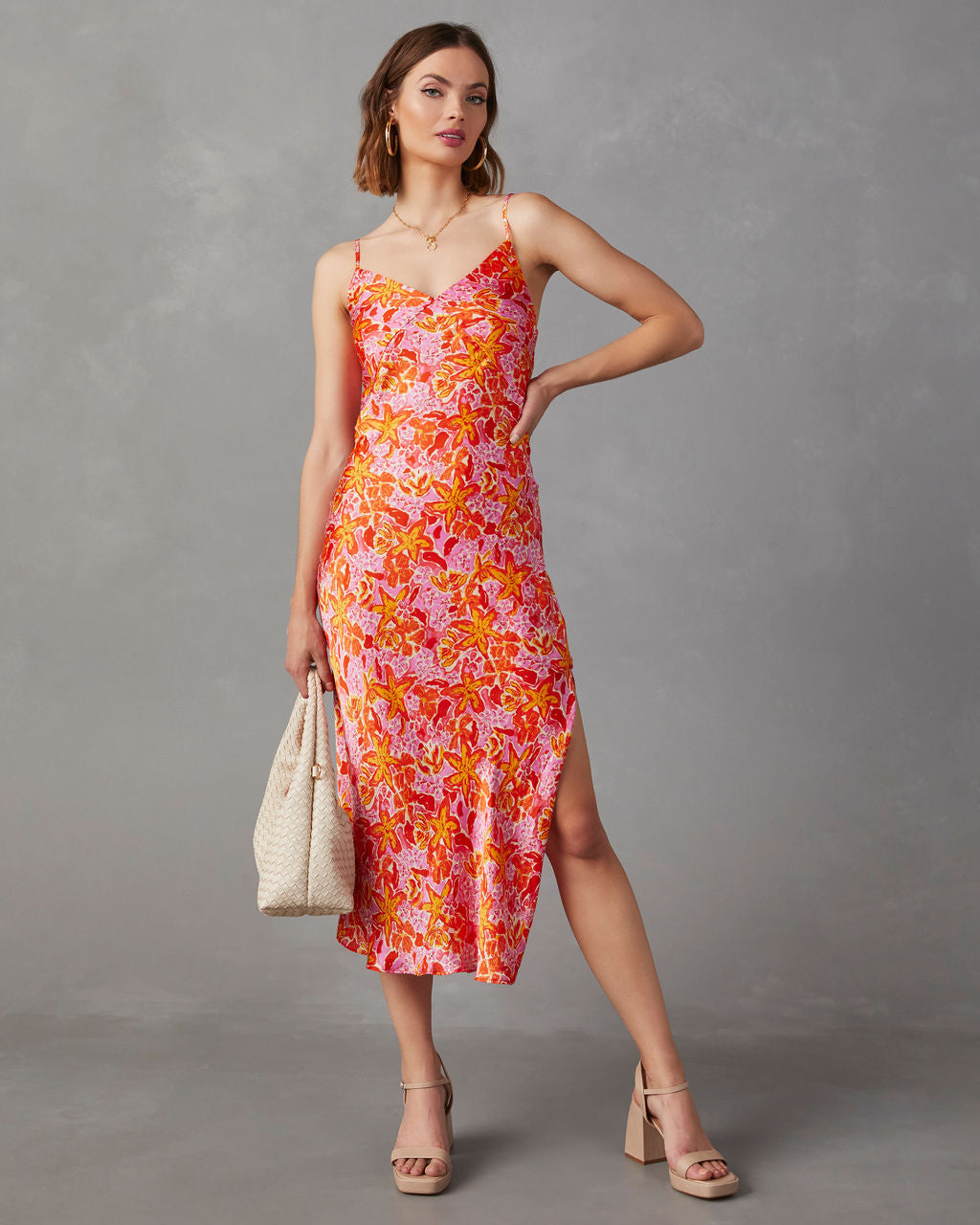 Allen Satin Floral Midi Dress-Vogue Logic