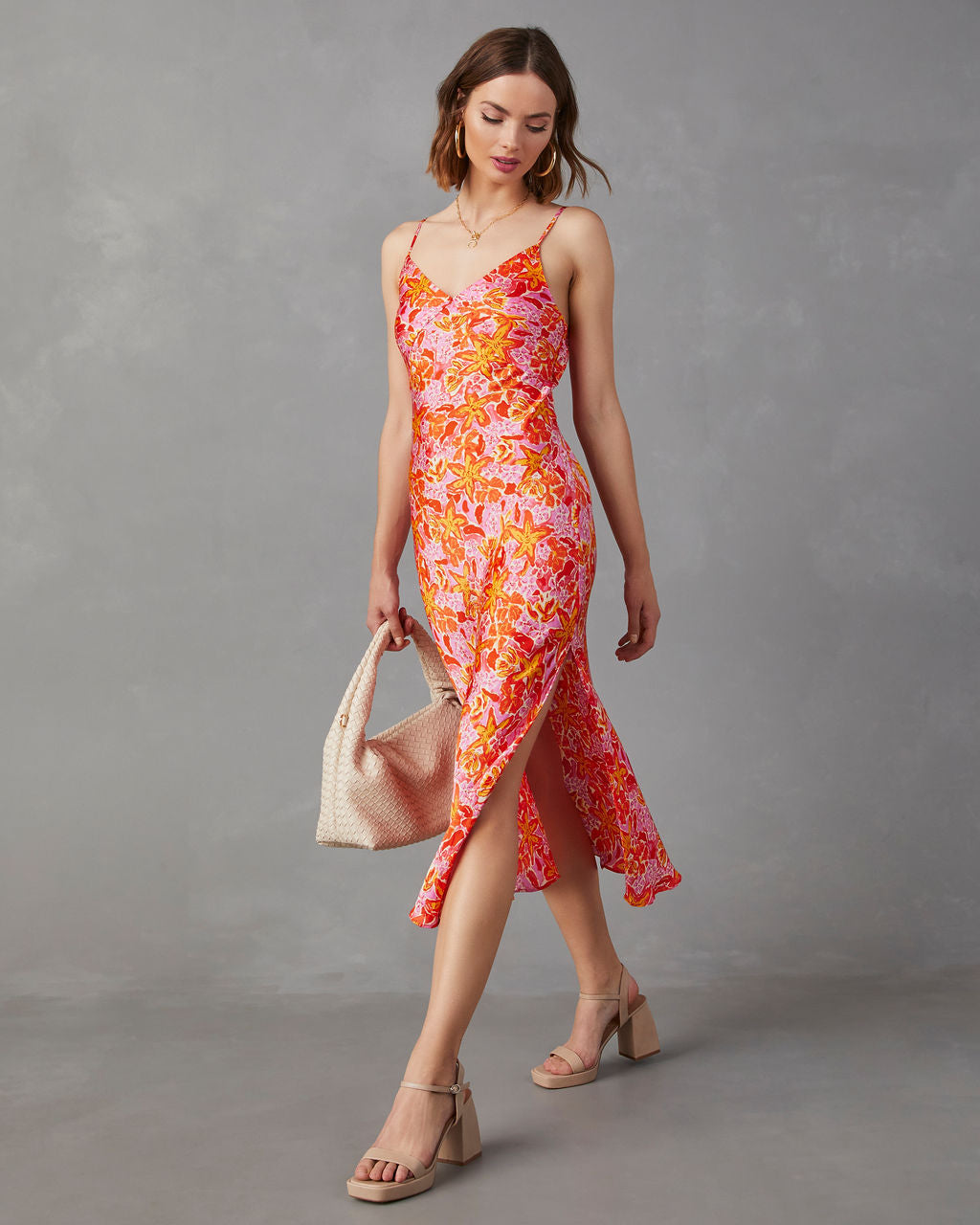 Allen Satin Floral Midi Dress-Vogue Logic